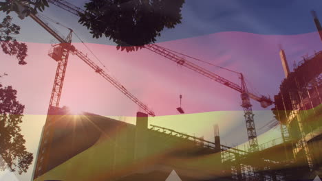 Animation-of-white-arrows-and-flag-of-germany-over-building-site