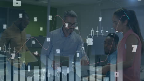 Animation-Mehrerer-Diagramme-Mit-Wechselnden-Zahlen,-Verschiedene-Mitarbeiter-Tauschen-Im-Büro-Ideen-Aus