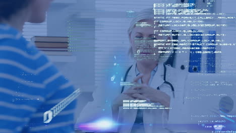 Animation-of-data-processing-over-caucasian-female-doctor-discussing-with-pregnant-woman-at-hospital