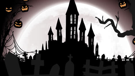 Animación-Del-Castillo-Sobre-Calabazas,-Luna-Y-Cementerio