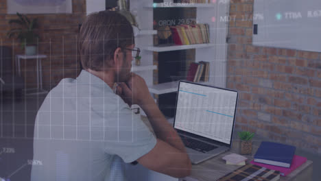 Animation-Von-Diagrammen-Und-Handelstafeln-über-Einem-Kaukasischen-Mann,-Der-Daten-Auf-Seinem-Laptop-Analysiert