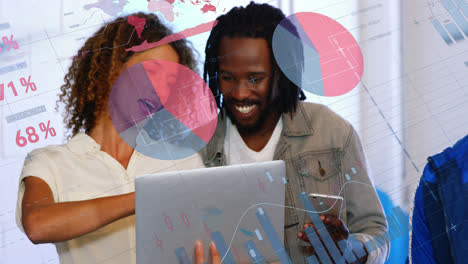 Animation-of-statistical-data-processing-over-diverse-man-and-woman-discussing-over-laptop-at-office