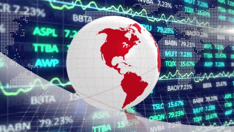 Animación-Del-Procesamiento-De-Datos-Del-Mercado-De-Valores-Sobre-Un-Globo-Giratorio-Y-Un-Mapa-Mundial-Sobre-Fondo-Azul