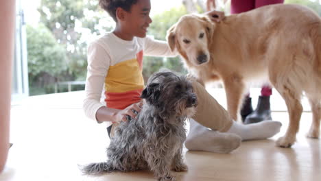 Glückliche-Afroamerikanische-Mutter-Und-Sohn-Sitzen-Auf-Dem-Boden,-Streicheln-Hunde,-Zeitlupe