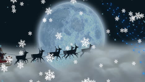 Animation-of-snowflakes-over-santa-claus-in-sleigh-pulled-by-reindeers-against-moon-in-night-sky