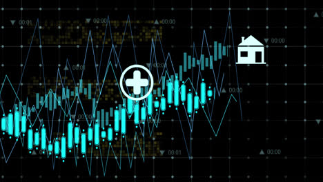 Animation-Mehrerer-Digitaler-Symbole-über-Einem-Gitternetz-Vor-Schwarzem-Hintergrund