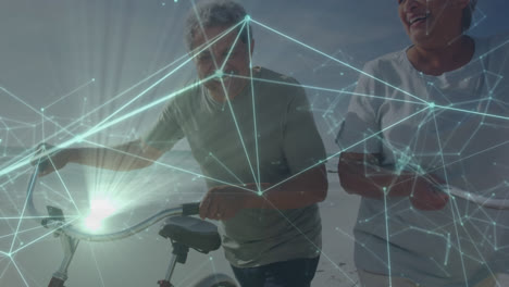 Animation-of-network-of-connections-over-diverse-couple-riding-bikes-at-beach