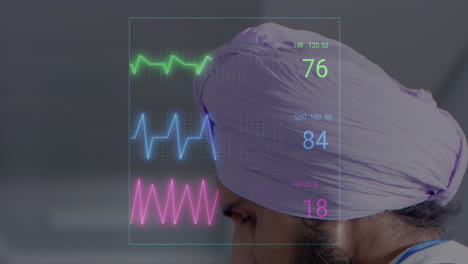 Animation-of-heart-rate-monitor-against-indian-male-doctor-discussing-with-his-colleague-at-hospital