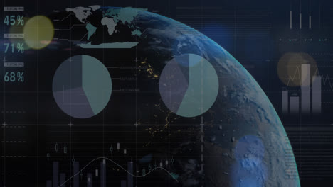 Animation-Einer-Infografik-Oberfläche-über-Linsenreflexionen-Und-Einem-Rotierenden-Globus-Im-Weltall