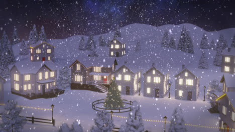 Animation-of-snow-falling-over-lit-houses-in-winter-scenery