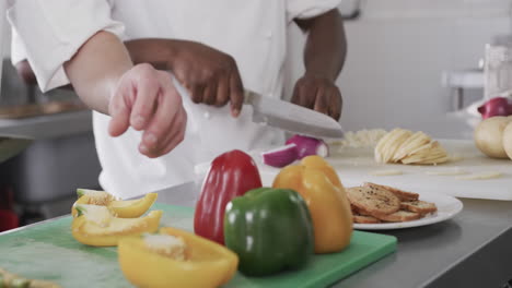 Two-diverse-male-chefs-cutting-vegetables-in-kitchen,-slow-motion