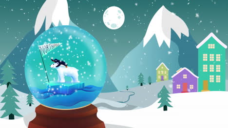 Animación-De-Adornos-Navideños-Con-Globos-De-Nieve-Sobre-Un-Paisaje-Invernal.