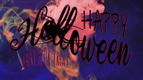 Animation-of-happy-halloween-text-and-spider-over-pink-and-purple-background