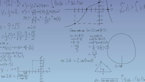 Animation-Mathematischer-Gleichungen-Und-Formeln,-Die-Vor-Blauem-Hintergrund-Mit-Farbverlauf-Schweben