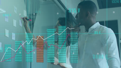 Animation-of-statistical-data-processing-over-diverse-man-woman-discussing-over-memo-notes-at-office