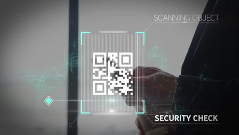 Animation-Eines-QR-Code-Scanners-Gegen-Einen-Kaukasischen-Geschäftsmann,-Der-Im-Büro-Ein-Digitales-Tablet-Verwendet