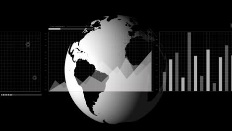 Animation-of-interface-with-statistical-data-processing-over-spinning-globe-against-black-background