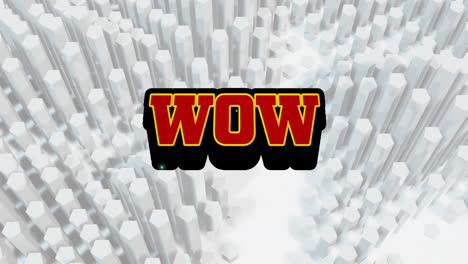 Animation-of-wow-text-over-a-retro-speech-bubble-against-3d-shapes-moving-in-seamless-pattern