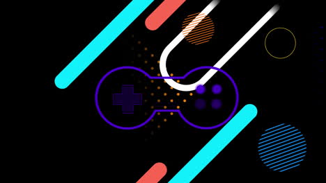 Animación-Del-Icono-Del-Controlador-De-Videojuegos-Y-Formas-Abstractas-Coloridas-Sobre-Fondo-Negro