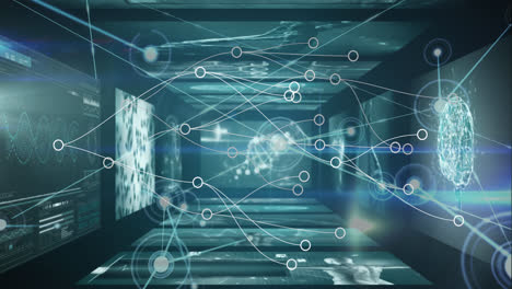 Animation-of-network-of-connections,-data-processing-over-screens