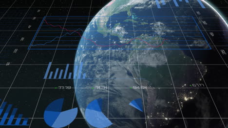 Animation-of-statistical-data-processing-over-globe-against-black-background