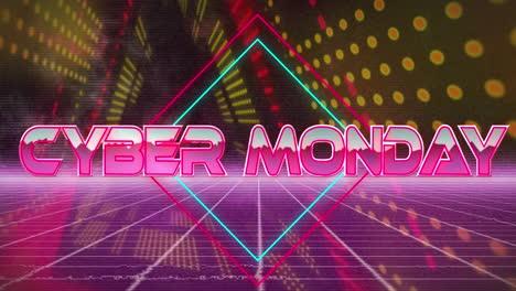 Animación-Del-Banner-De-Texto-Del-Cyber-Monday-Sobre-La-Red-De-Red-Contra-El-Túnel-De-Neón-En-Un-Patrón-Transparente