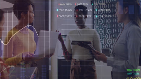 Animation-of-statistical,-stock-market-data-processing-over-three-diverse-women-discussing-at-office