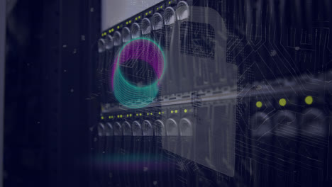 Animation-of-illuminated-circles,-padlock,-symbols,-numbers,-circuit-board-pattern-over-server-rack