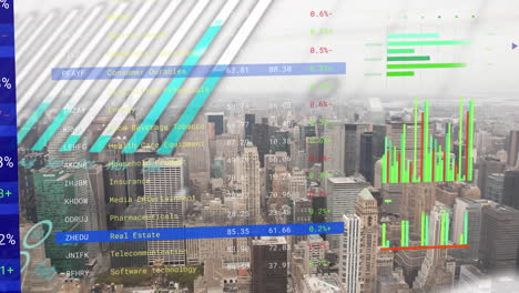 Animation-of-trading-board,-graphs,-globe-over-aerial-view-of-modern-cityscape