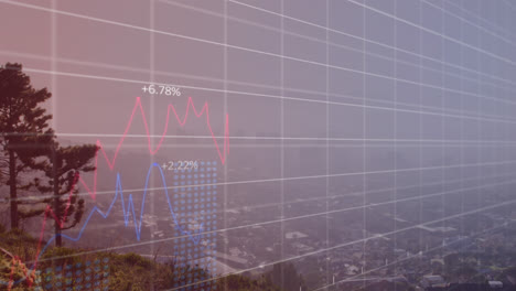 Animation-of-grid-pattern-with-multiple-graphs-and-numbers-over-aerial-view-of-cityscape-amidst-fog