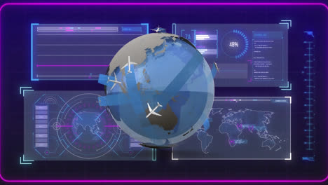 Animation-of-globe-with-planes,-connections-and-data-processing