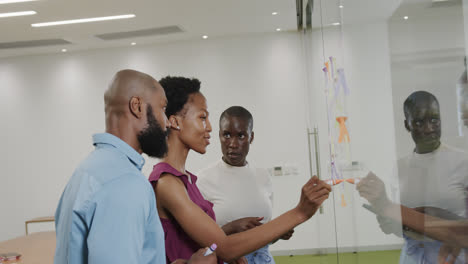 Happy-african-american-colleagues-brainstorming,-making-notes-on-glass-wall-in-office-in-slow-motion