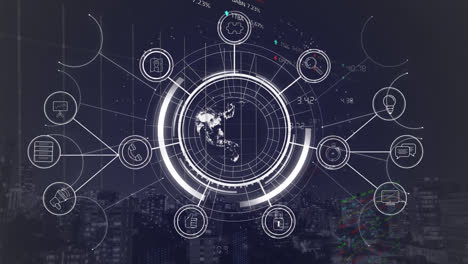 Animation-Eines-Rotierenden-Globus-Im-Kreis,-Der-Mit-Computersymbolen-Verbunden-Ist,-Handelstafel-über-Stadtbild