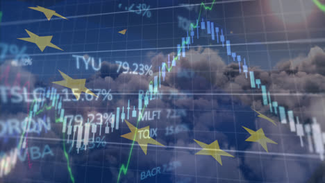 Animación-Del-Procesamiento-De-Datos-Y-El-Mercado-De-Valores-Sobre-La-Bandera-De-La-UE-Y-Las-Nubes