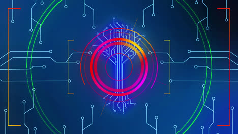 Animation-of-circles-over-integrated-circuit-over-data-processing-on-digital-screen