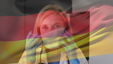 Animación-De-La-Bandera-Alemana-Y-Una-Doctora-Caucásica-Poniéndose-Una-Mascarilla