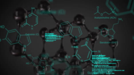 Animation-of-chemical-structures,-data-processing-over-molecular-structures-model-on-grey-background