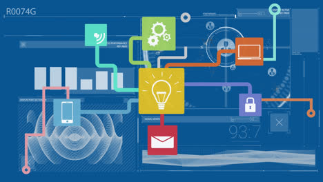 Animation-of-network-of-connections-with-icons-over-purple-and-purple-background