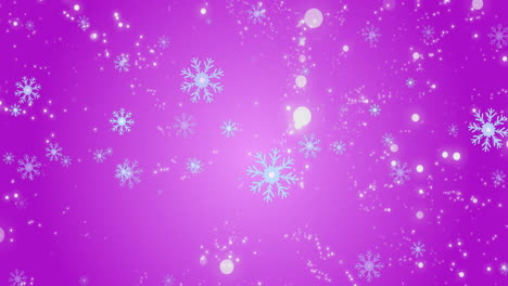 Animation-Von-Schneeflocken,-Die-Vor-Leuchtenden-Lichtpunkten-Auf-Violettem-Hintergrund-Mit-Kopierraum-Schweben