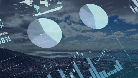 Animation-Der-Infografik-Oberfläche-über-Der-Luftansicht-Der-Stadt-Mit-Bergen,-Meer-Und-Bewölktem-Himmel