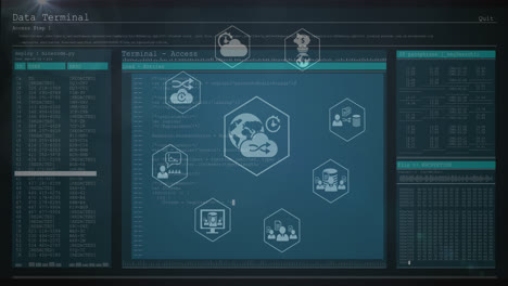 Animation-Digitaler-Symbole,-Die-Sich-über-Der-Datenverarbeitung-Vor-Schwarzem-Hintergrund-Drehen