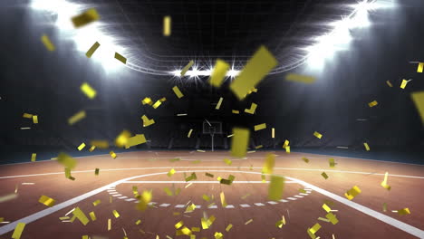 Animation-of-golden-confetti-falling-against-view-of-basketball-court