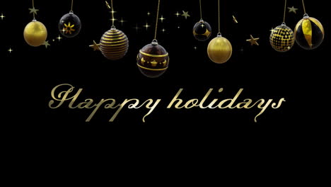 Happy-holidays-text-in-gold-with-black-and-gold-christmas-baubles-and-stars-on-black-background