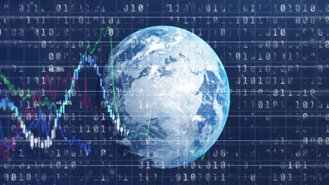 Animation-of-financial-data-processing-over-globe-and-binary-coding-against-blue-background