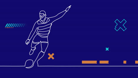 Animation-of-drawing-of-male-rugby-player-kicking-ball-and-shapes-on-blue-background