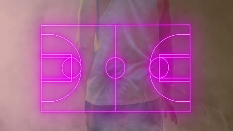 Animación-De-Una-Cancha-De-Baloncesto-Rosa-Y-Humo-Sobre-Un-Jugador-De-Baloncesto-Afroamericano-Con-Pelota