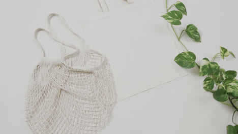 Close-up-of-white-bags-and-green-plant-on-white-background,-with-copy-space,-slow-motion