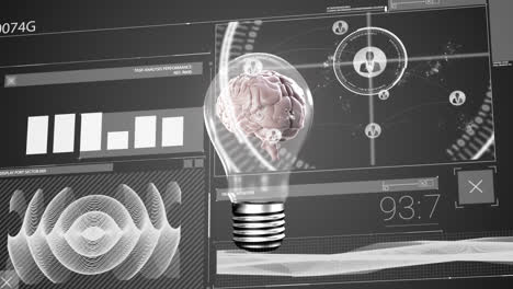 Animación-Del-Procesamiento-De-Datos-Sobre-El-Cerebro-Giratorio-En-Una-Bombilla-Sobre-Fondo-Gris