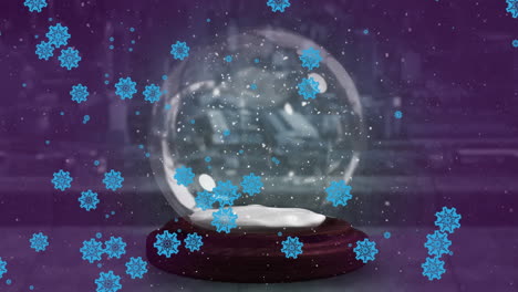 Animation-of-christmas-snow-globe-over-snow-falling-in-winter-scenery