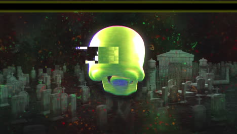 Animation-of-glowing-green-skull-over-distressed-city-on-black-background